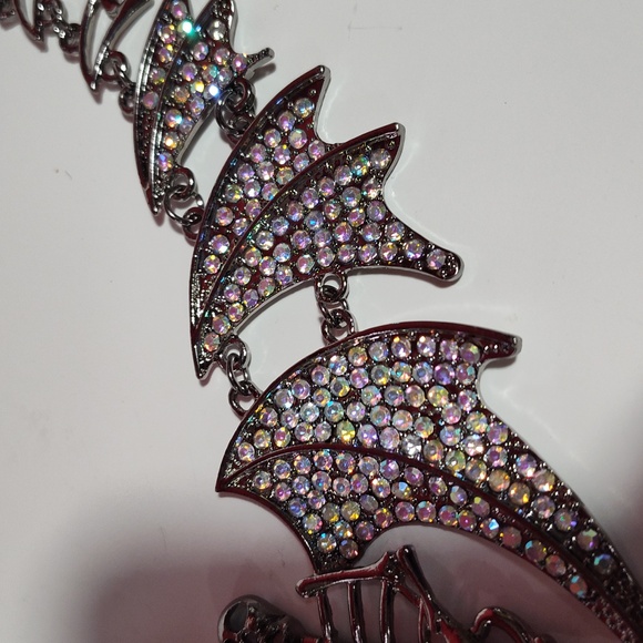 Necklace Skeleton with Bat Wings Halloween Rhinestone Bling Costume Gothic Punk - Picture 5 of 15